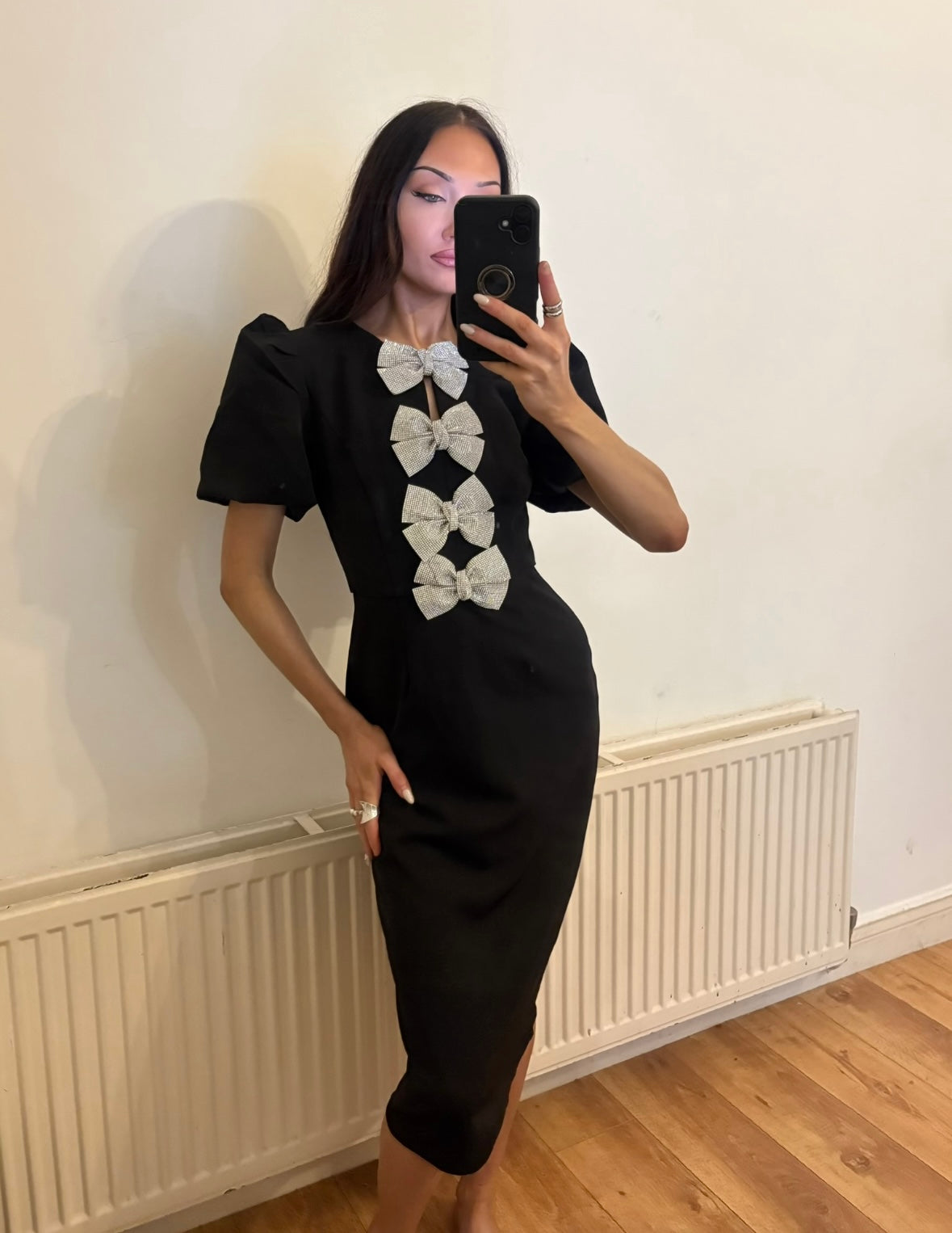 BLACK DRESS WITH DIAMONTE BOW DETAIL