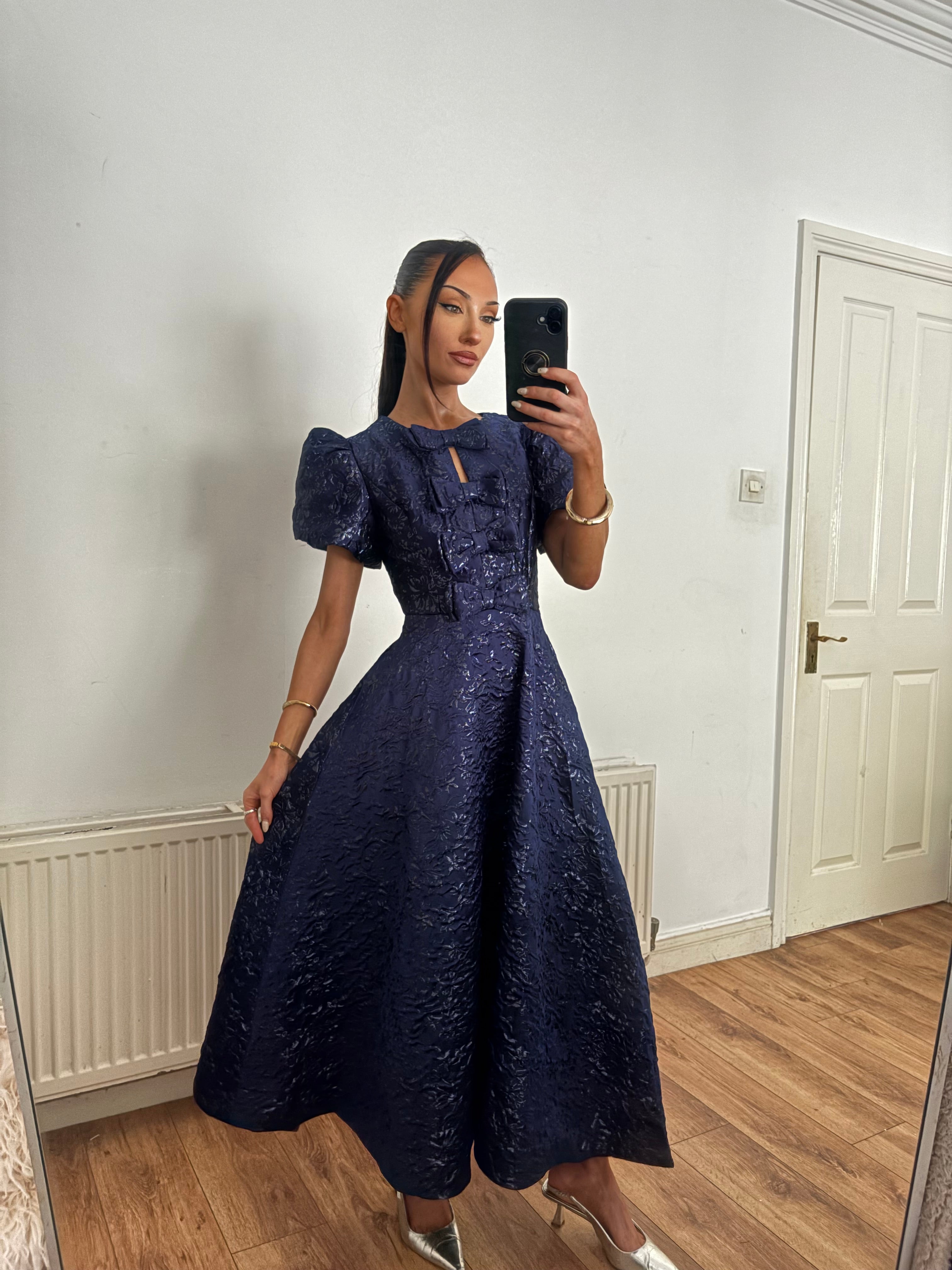 EMMY NAVY JACQUARD BOW DRESS