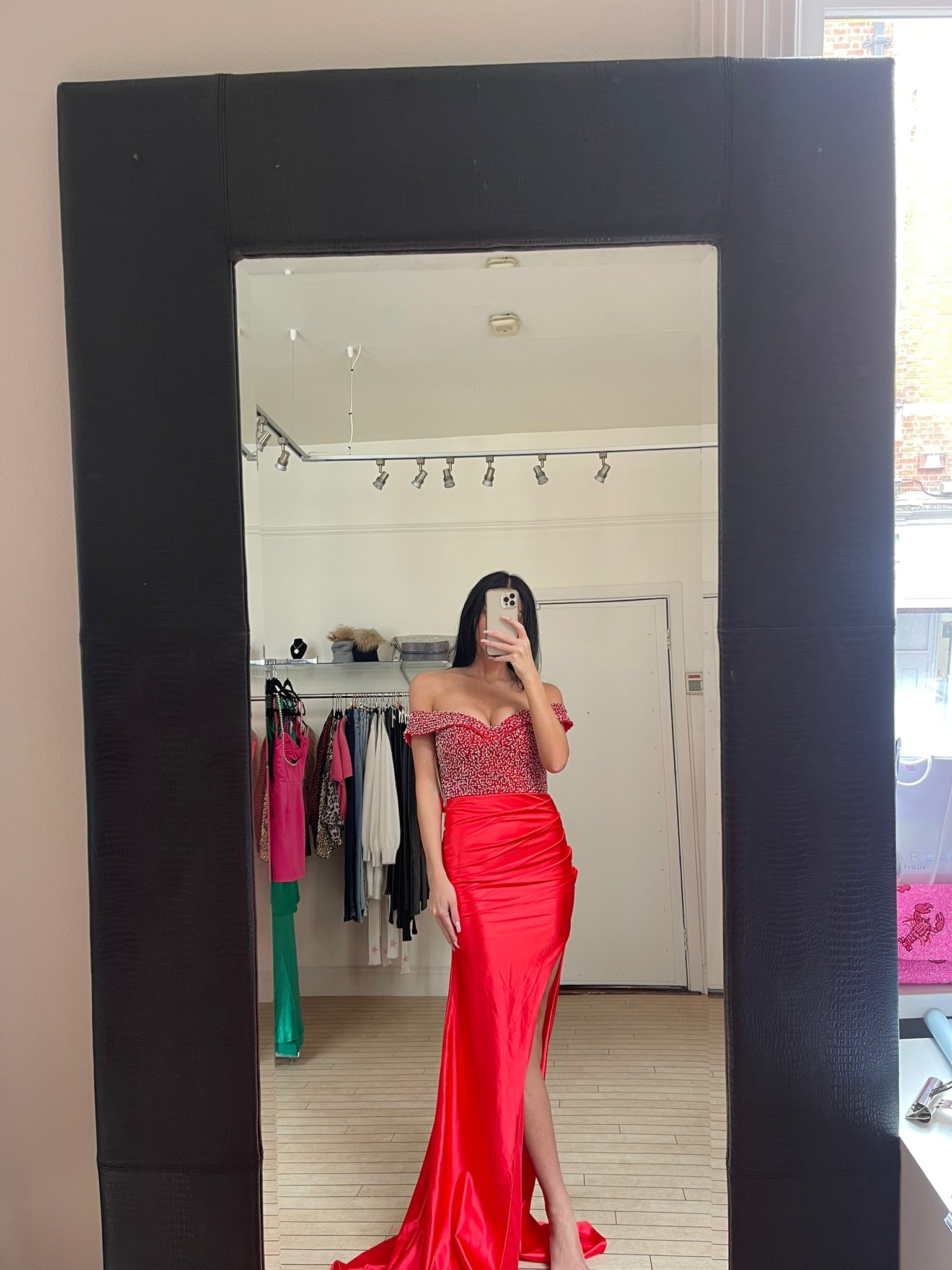 RED BARDOT GOWN WITH GLITZY BODICE