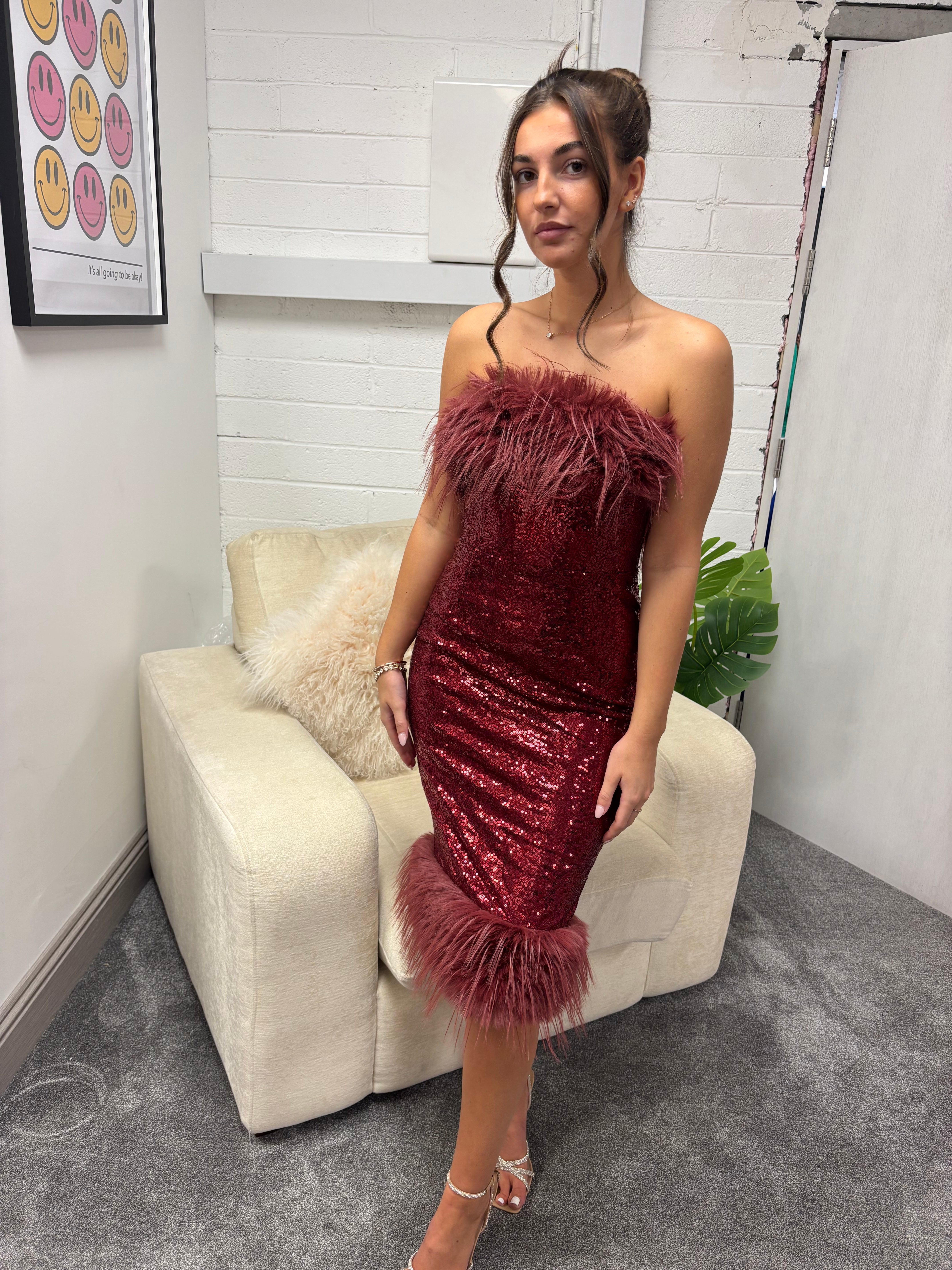 BURGANDY SEQUIN DRESS WITH FEATHER TRIM