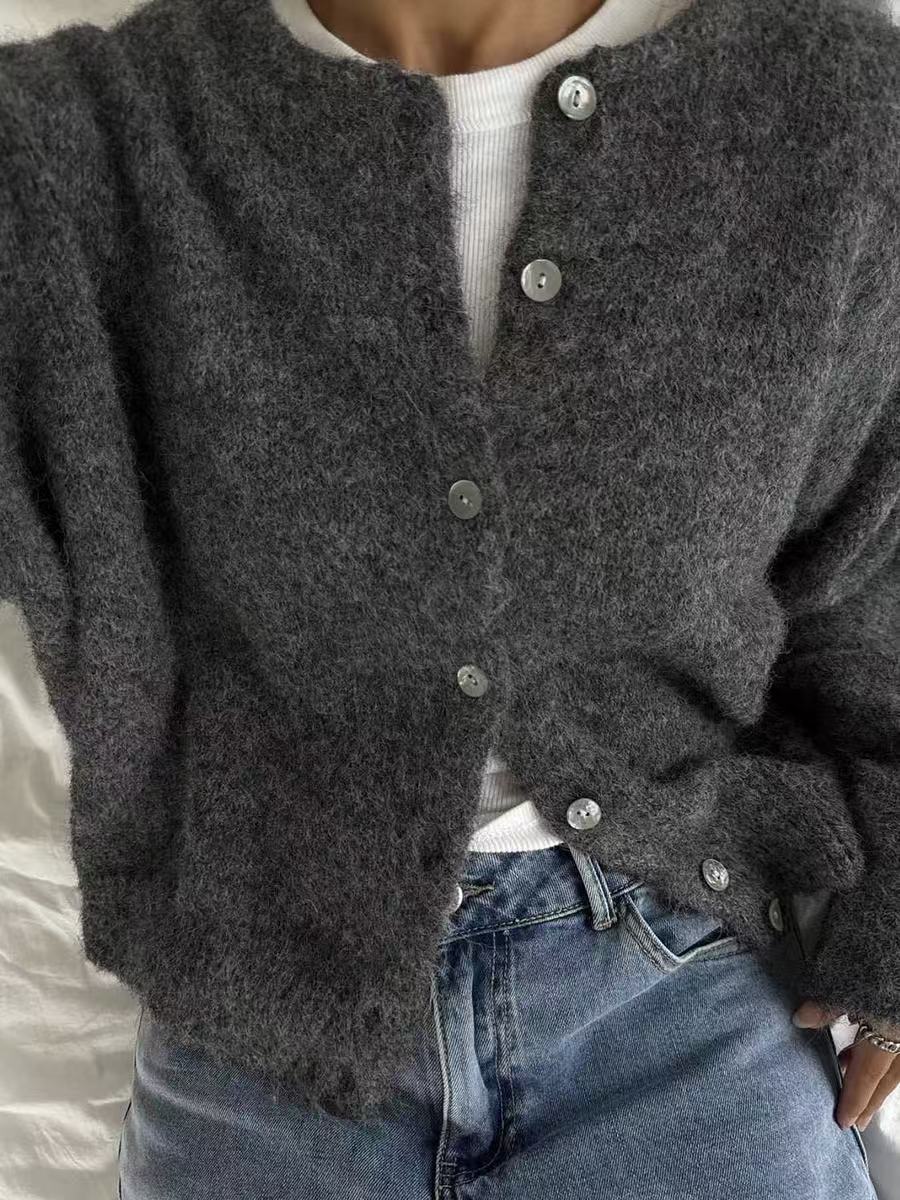 CHARCOAL OVERSIZED PEARL BUTTON UP CARDIGAN