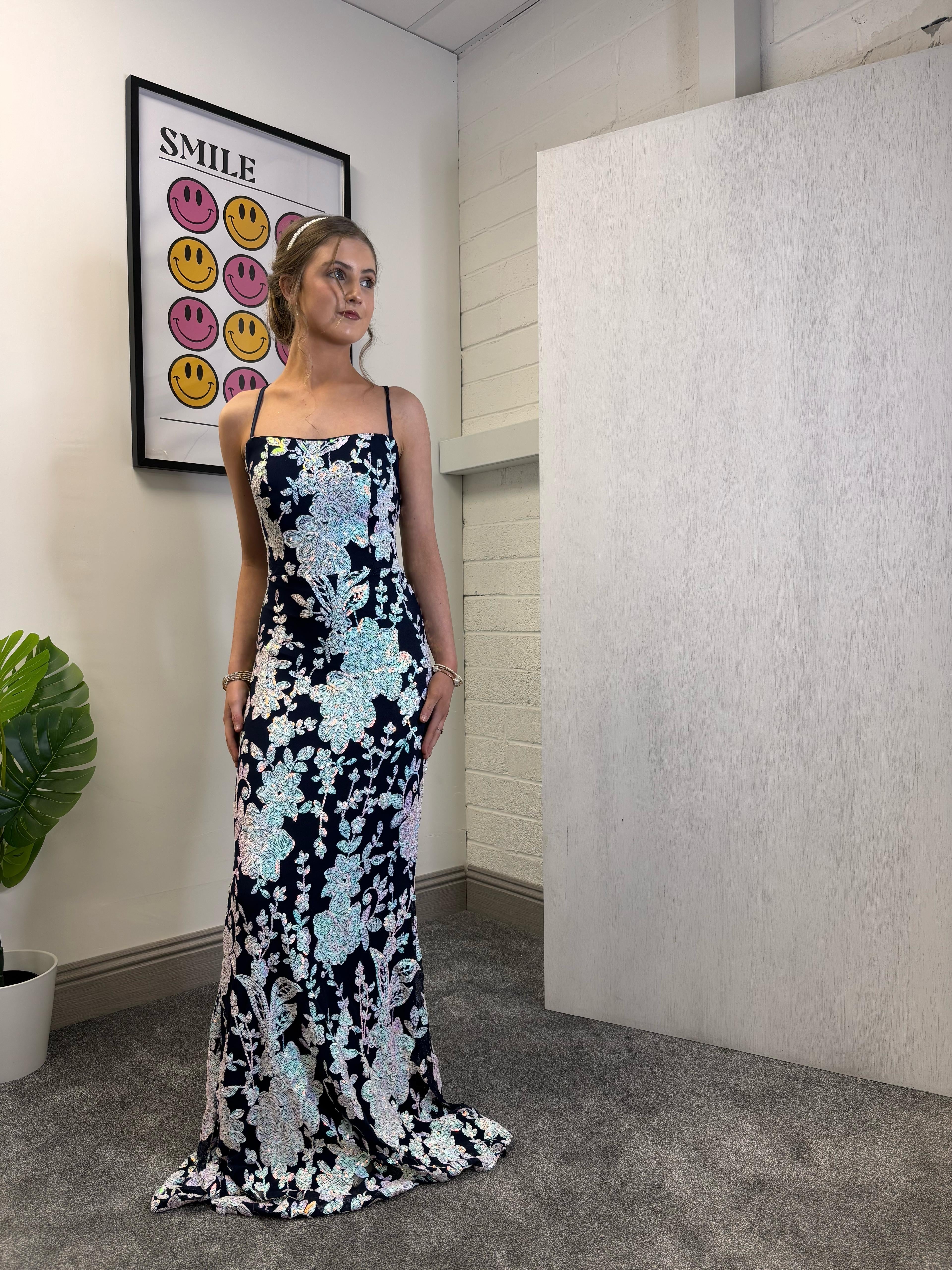 NAVY FITTED SEQUIN GOWN WITH FLORAL DESIGN