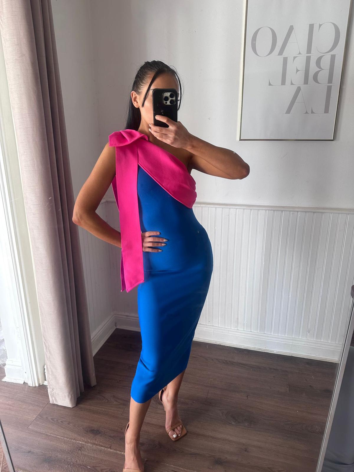 PINK DRAPED BOW & BLUE BANDAGE DRESS