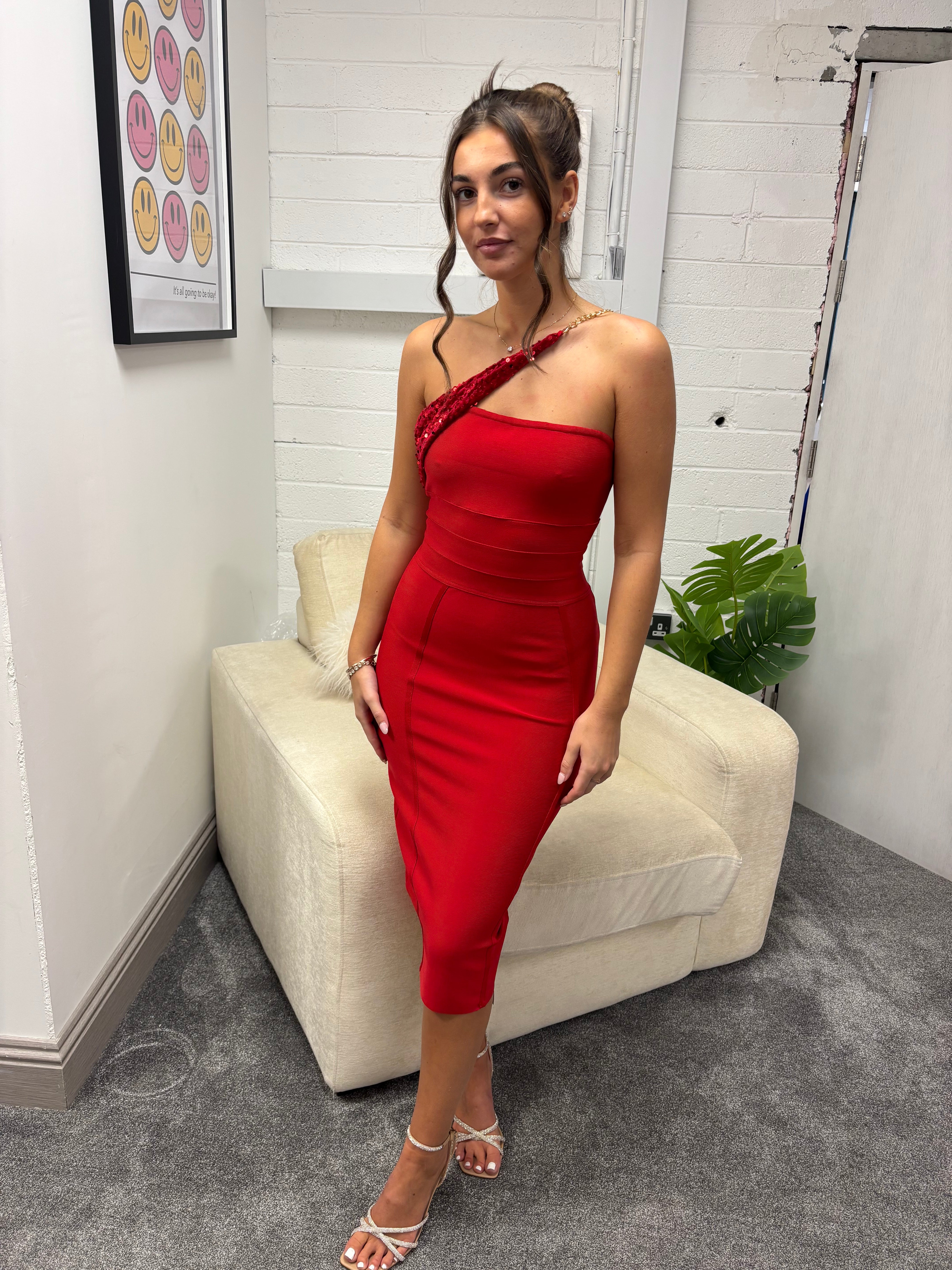 RED BANDAGE SEQUIN ONE SHOULDER STRAP