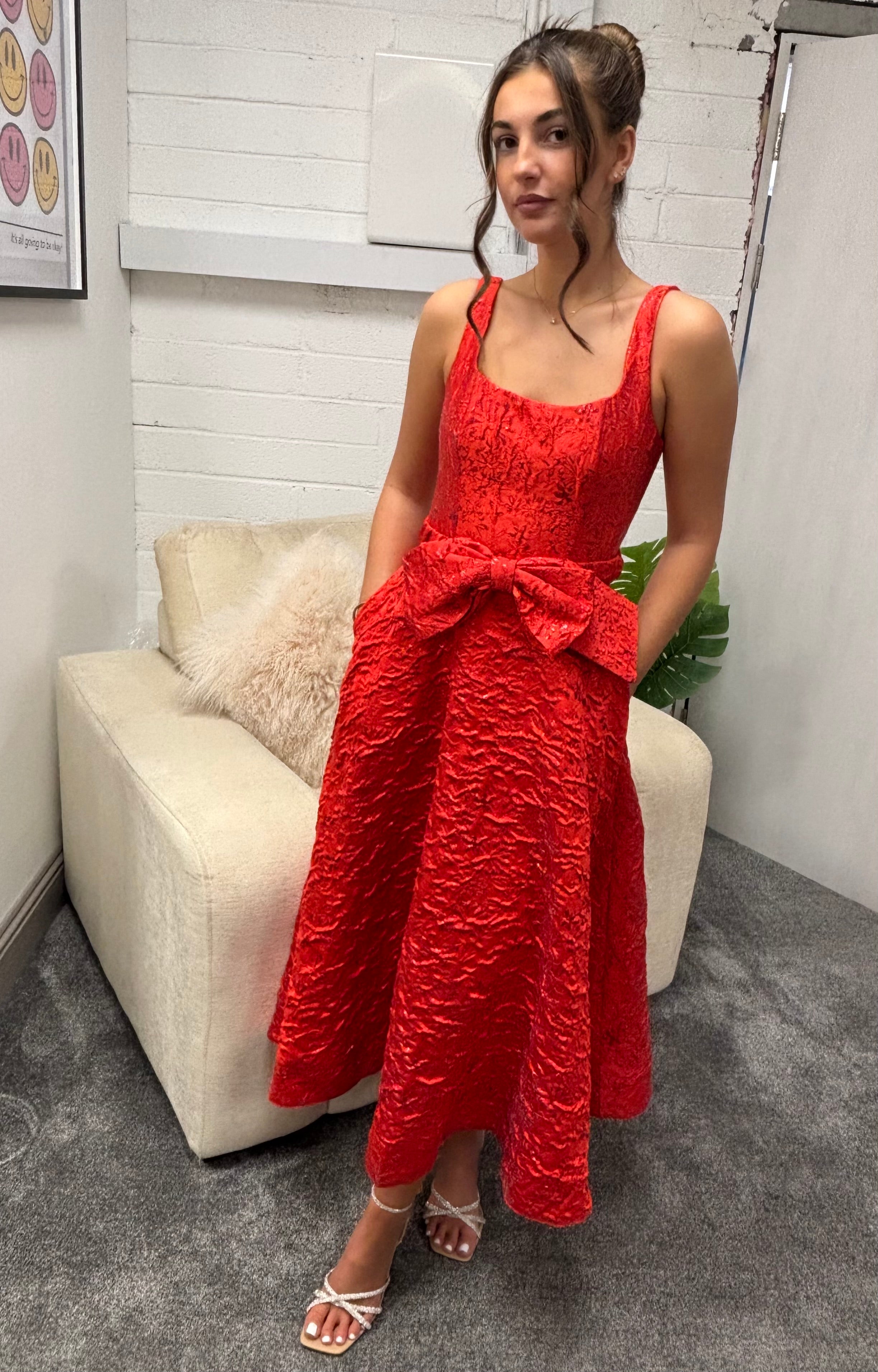 ARIA DRESS RED JACQUARD