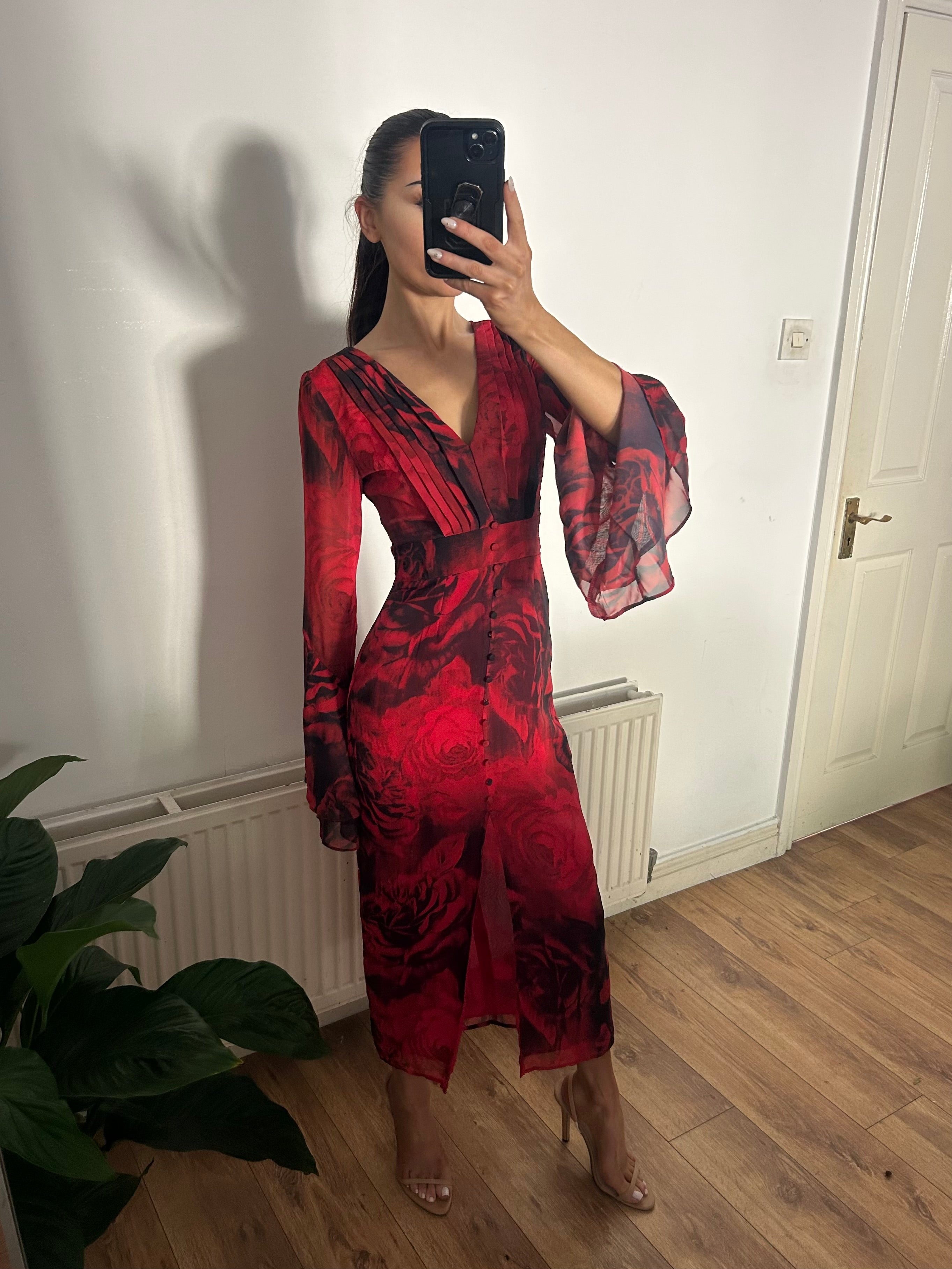 MIMI DRESS RED FLORAL WITH FLARE SLEEVE