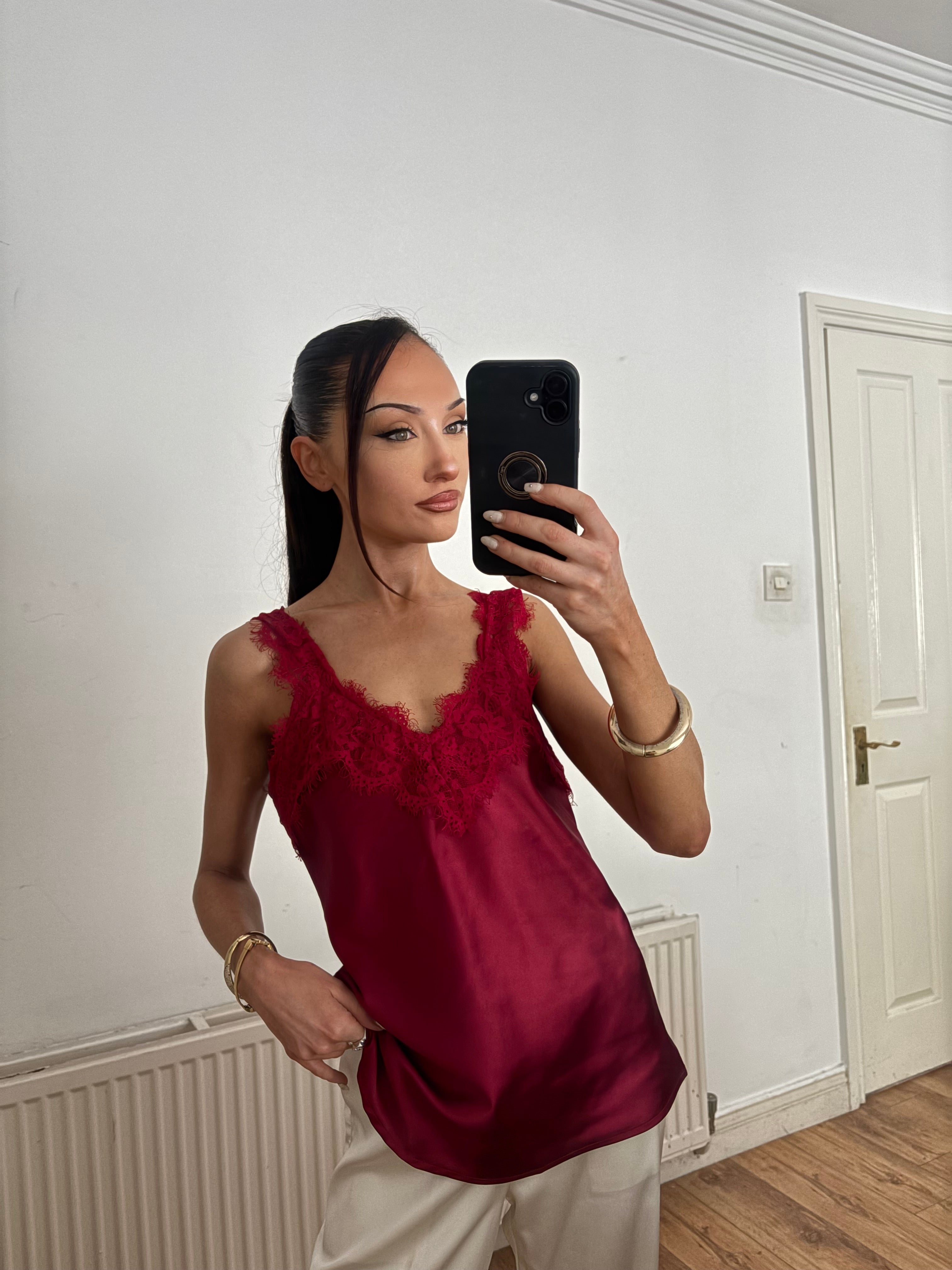 BURGUNDY SATIN LACE CAMI
