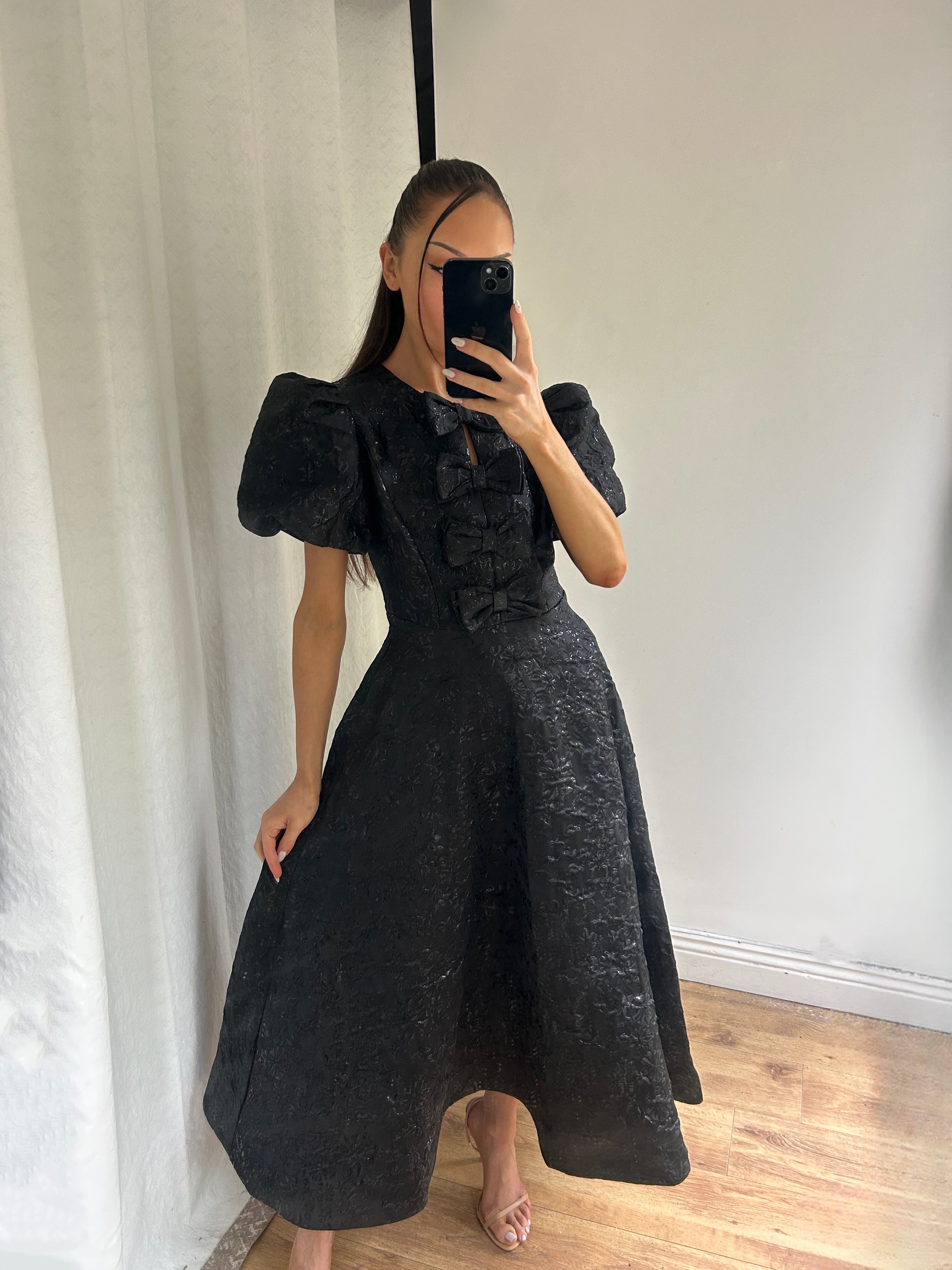 EMMY BLACK JACQUARD BOW DRESS