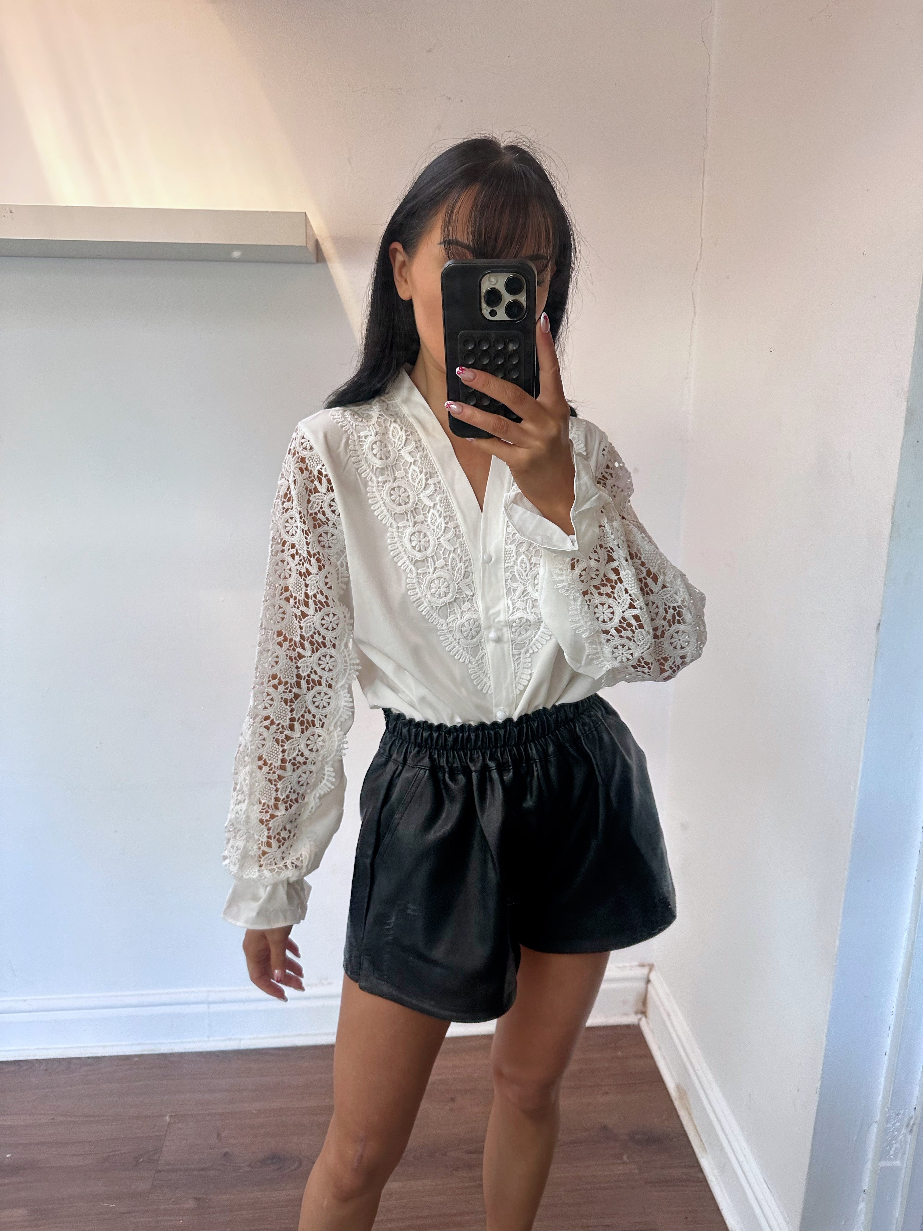 WHITE CUT OUT LACE DETAIL V NECK SHIRT