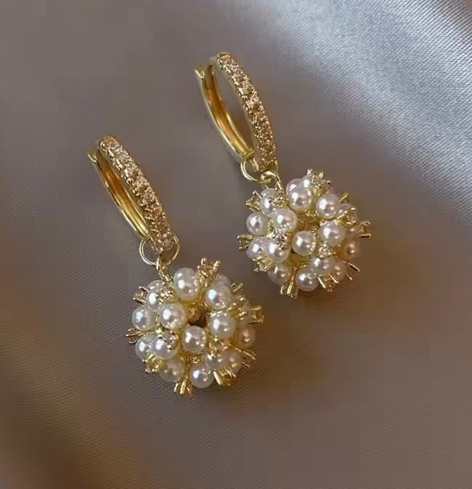 GOLD PEARL BALL DROP EARRINGS WITH DIAMONTE HOOPS