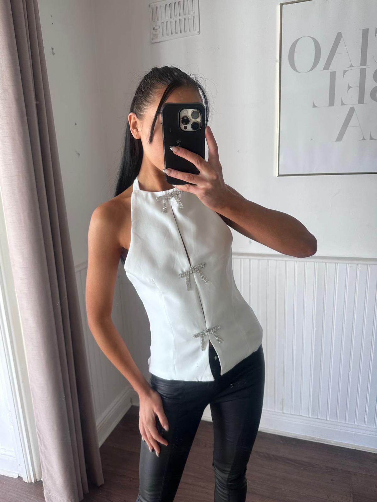 WHITE DIAMONTE BOW DETAIL TOP