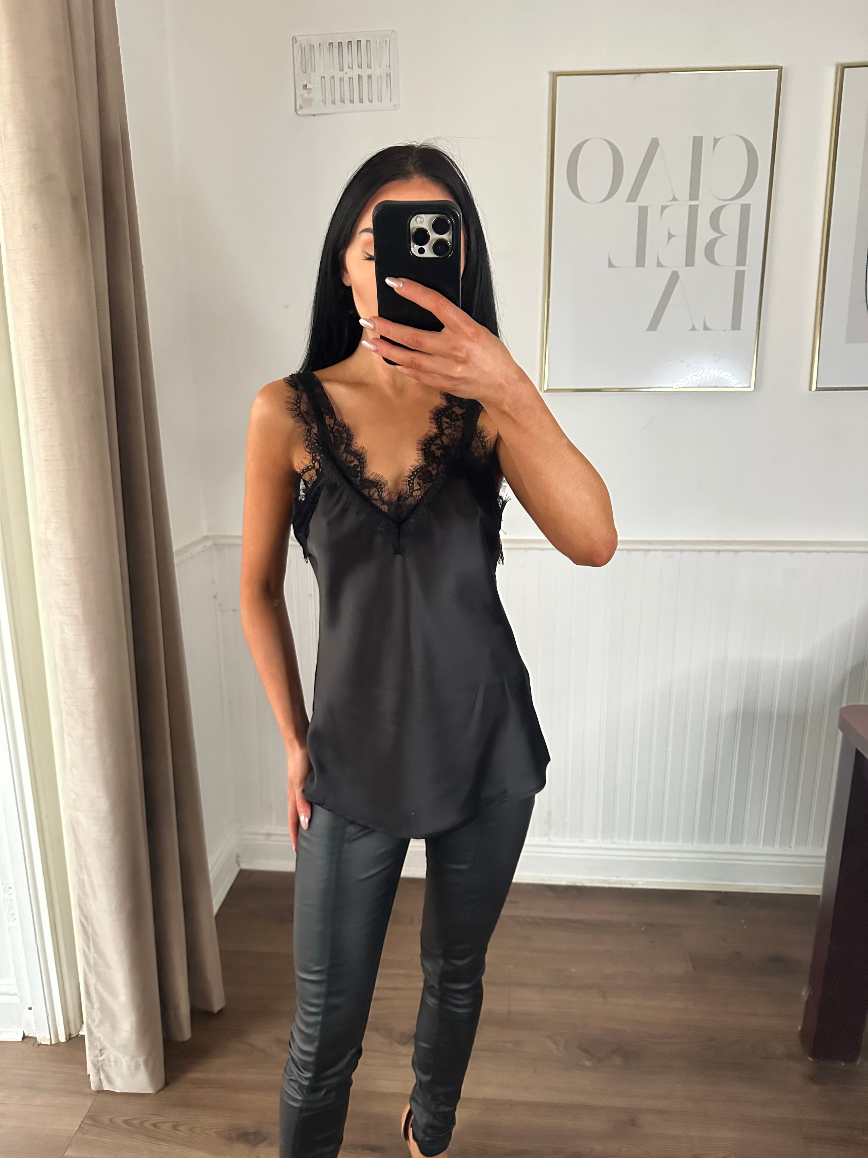 SJ - SATIN LACE TRIM CAMI BLACK